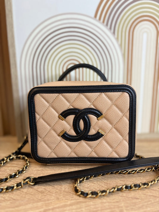 Chanel Vanity Case Mini Quilted Caviar Beige & Black